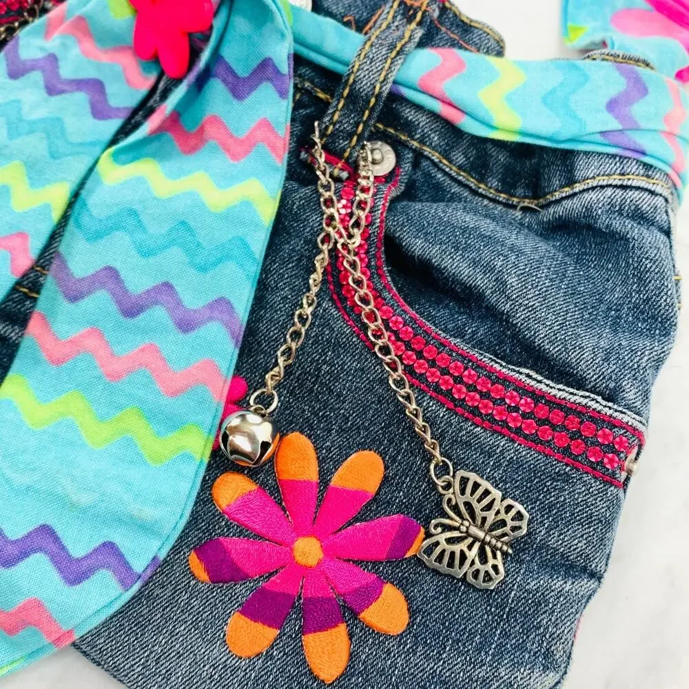 LEVI'S Denim Purse Floral Embroidered Heart Pockets Belt Charms Jean Bag EUC